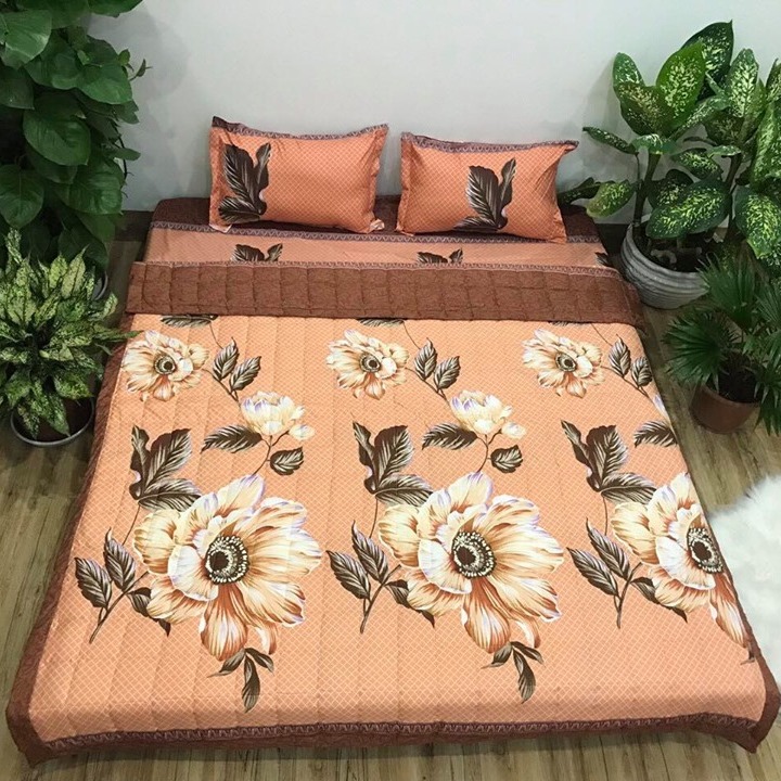 Bộ chăn ga gối cotton poly - hình hoa trà nâu