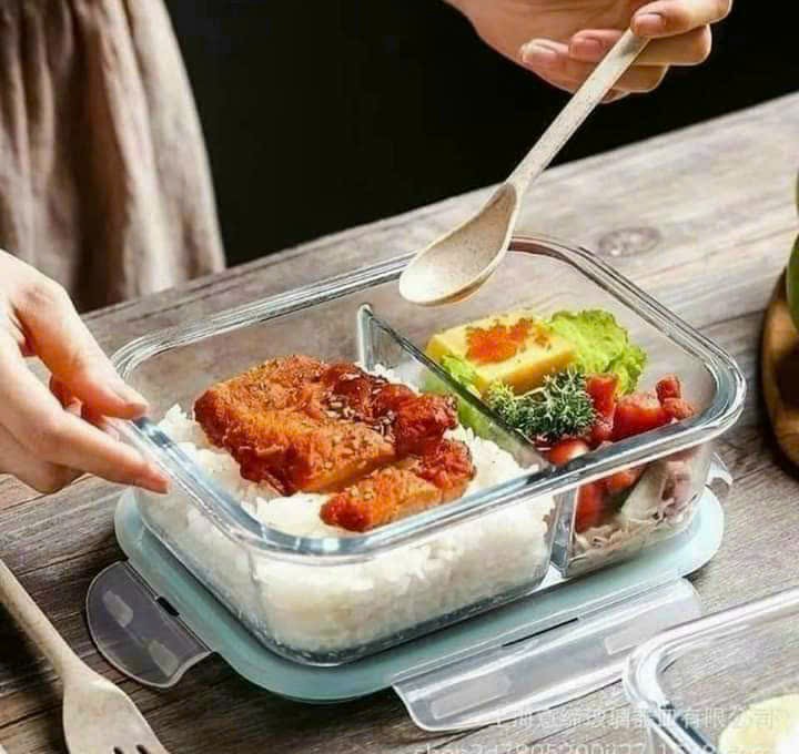 Hộp Thủy Tinh Chịu Nhiệt Chữ Nhật Chia ngăn 1L - 2 Ngăn - Nắp Có Ron Chống Tràn