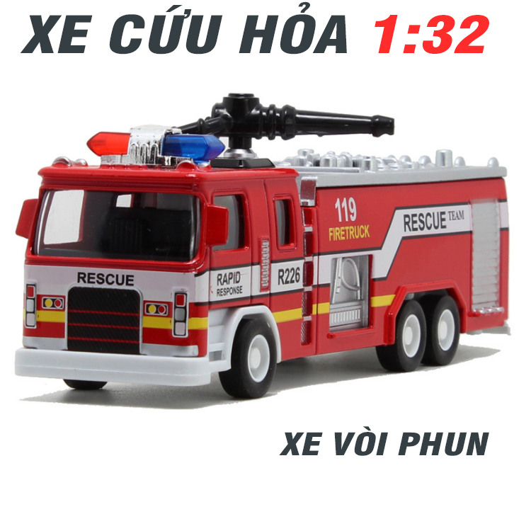 Xe cứu hỏa bằng sắt có âm thanh và đèn nháy đồ choi trẻ em mô hình tỉ lệ 1:32