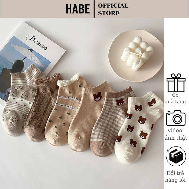 Tất vớ nữ cổ ngắn vintage chất cotton mềm mại, tất gấu cổ ngắn Hàn Quốc hottrend