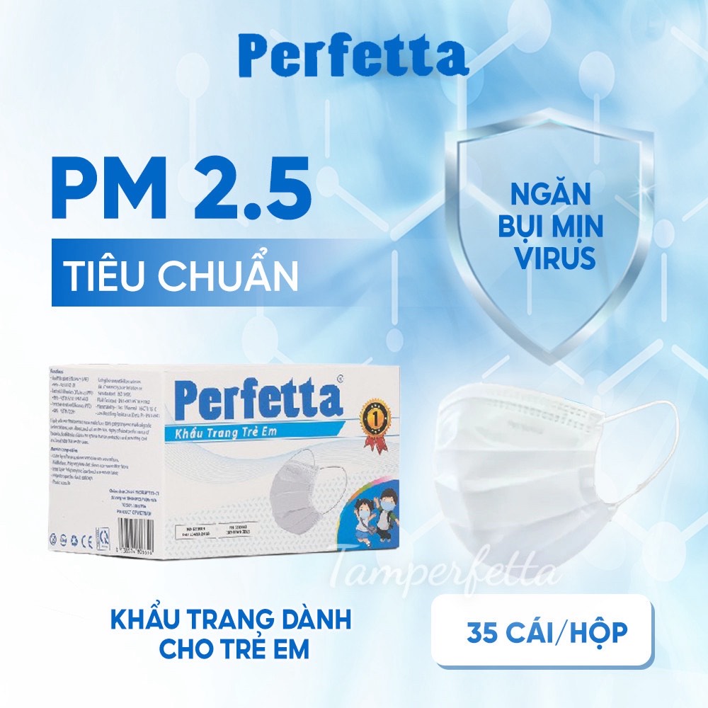 [HCM]Khẩu trang y tế trẻ em (6-12 tuổi ) cao cấp Perfetta 3 lớp - Hộp 35 cái màu trắng,đống gói riêng từng cái tiện lợi.