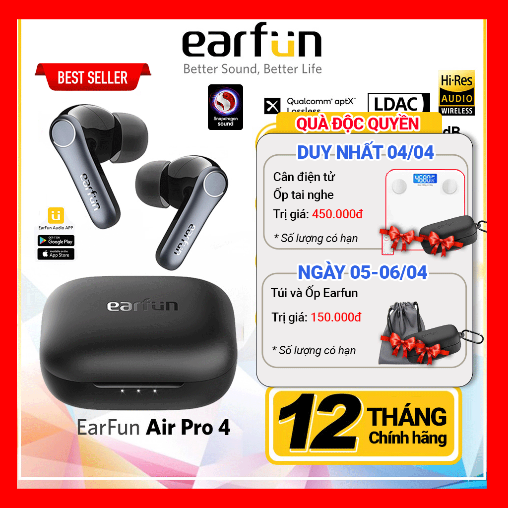 Tai nghe True Wireless Earfun Air Pro 4 bluetooth 5.4 chống ồn ANC 50dB âm thanh LDAC Aptx Lossless