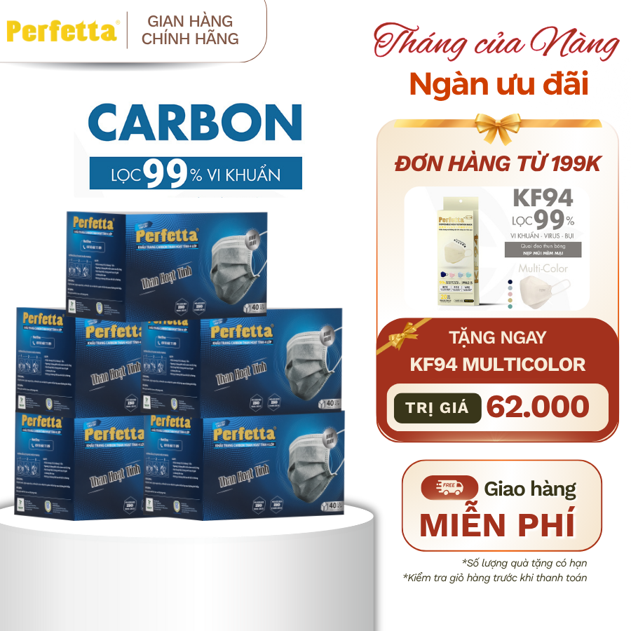 (TẶNG KF94 ĐH 199K) Combo 5 hộp khẩu trang y tế Perfetta Carbon 4 lớp 40 cái/hộp