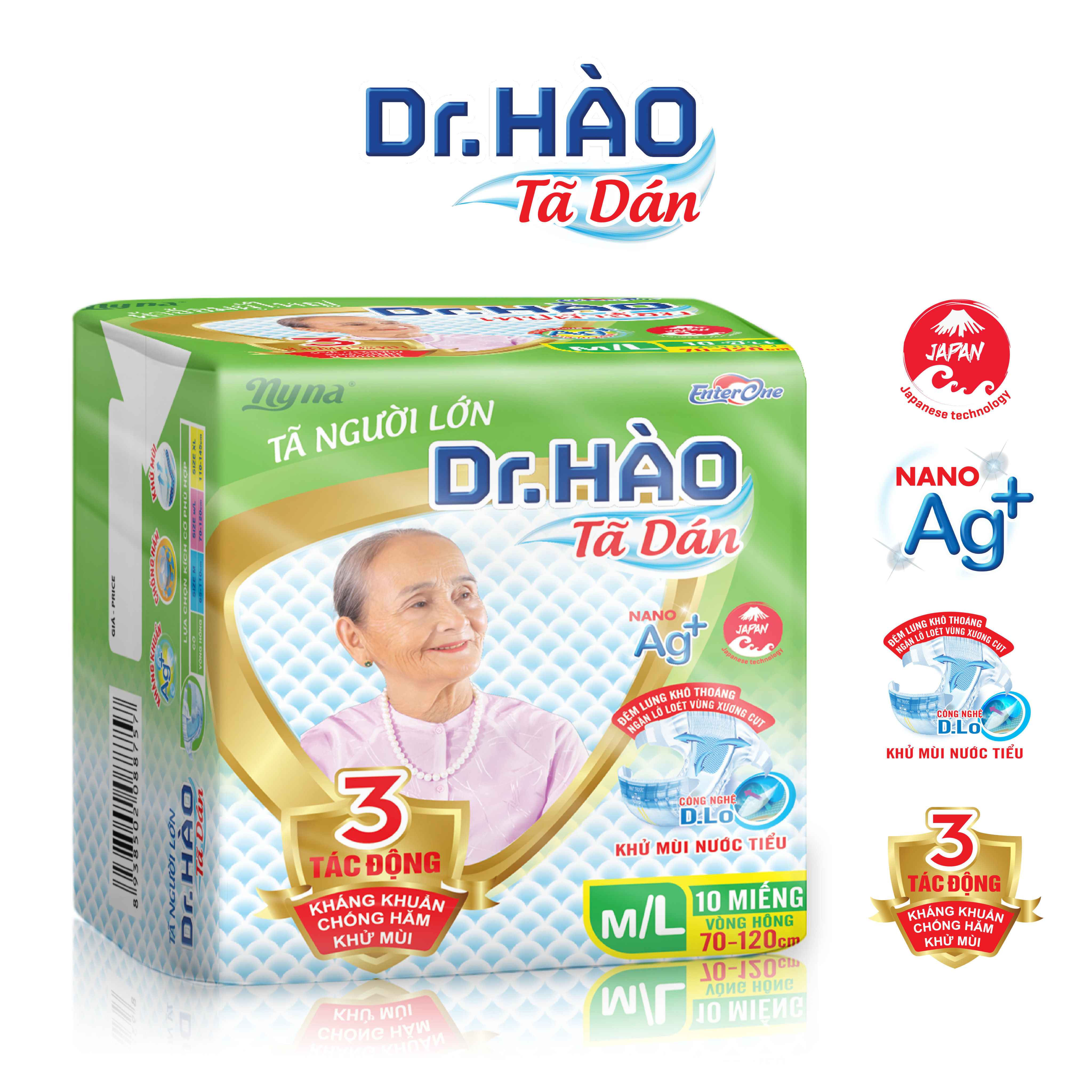 Tã dán người lớn DR.HAO size M/L 10 miếng siêu. Bỉm dán người già người bệnh siêu thấm khô thoáng chống hăm khử mùi