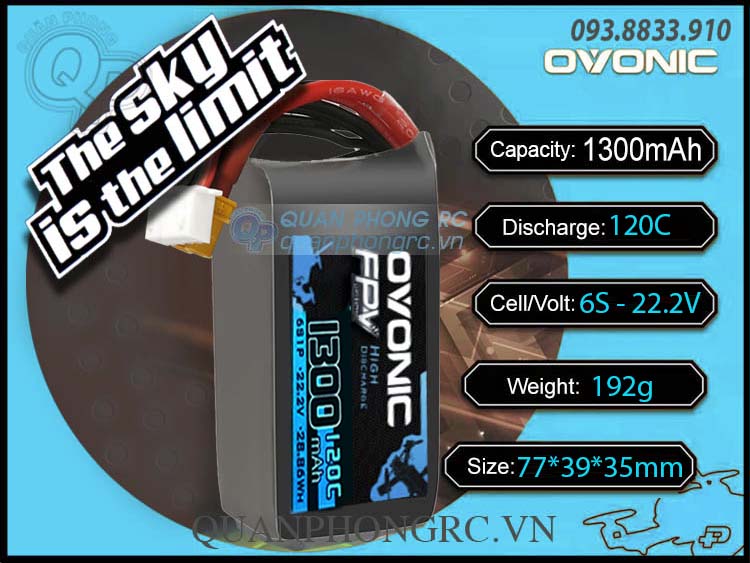 Pin ovonic fpv xanh dương 1300mah 6s 120c 22.2v lipo battery xt60 plug
