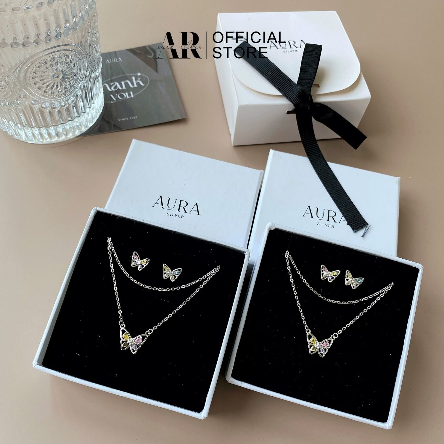Set dây chuyền khuyên tai bạc 925 vòng cổ khuyên tai hồ điệp ngũ sắc aurasilver dc26- kt26