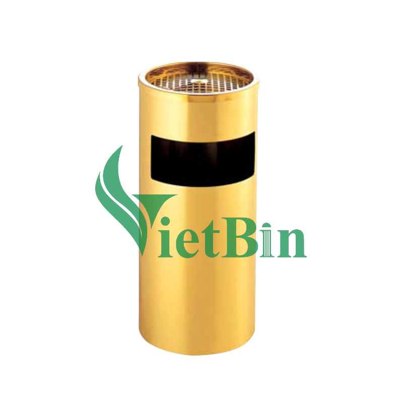 Thùng đựng rác inox có gạt tàn thuốc lá Vietbin A35-A màu vàng cao cấp