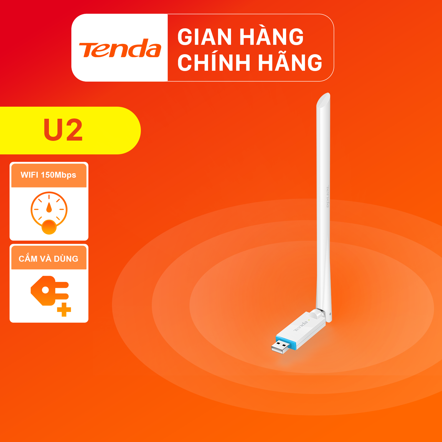 Tenda USB kết nối Wifi 2.4G U2 chuẩn N tốc độ 150Mbps - Hãng phân phối chính thức