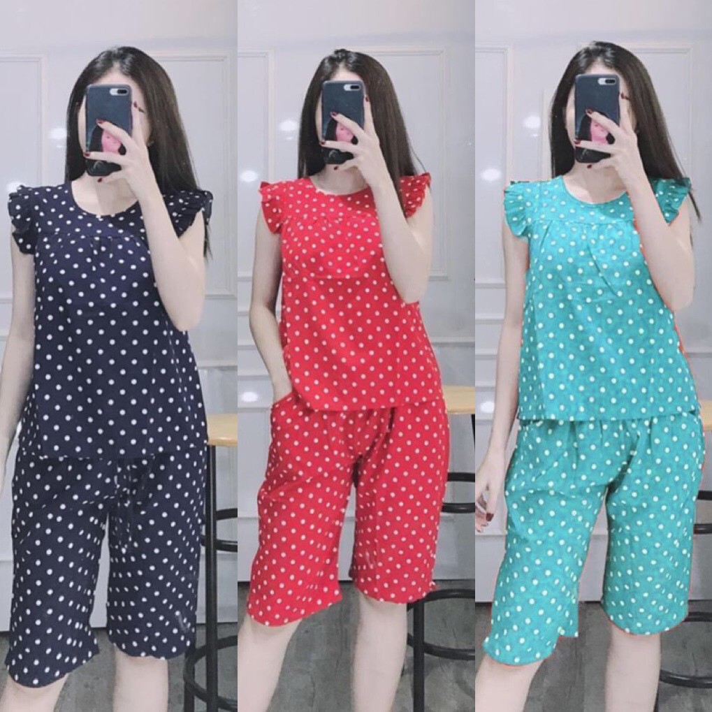 Đồ bộ lanh mặc nhà nữ vnxk , quần lửng áo cánh tiên, họa tiết chấm bi - tl01a