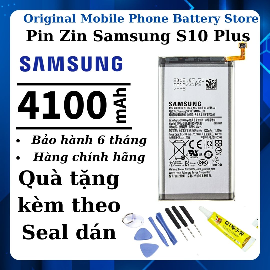 Pin Zin hãng Samsung S10 Plus, Tặng kèm bộ tua vít mở máy, seal dán pin và seal dán lưng. Dung lượng 4100mAh