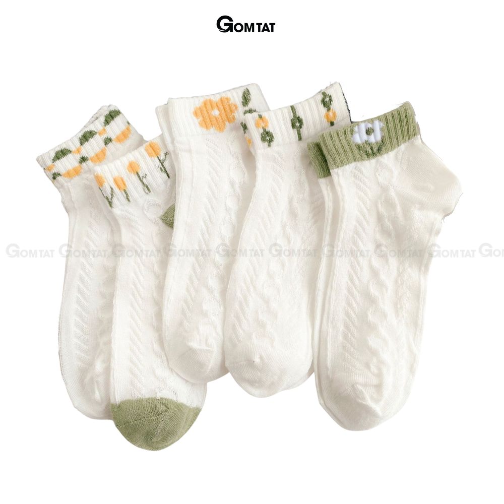 Set 5 đôi tất nữ cổ thấp GOMTAT hoạ tiết hoa cỏ siêu dễ thương, chất liệu cotton dày dặn thoáng mát - CB093
