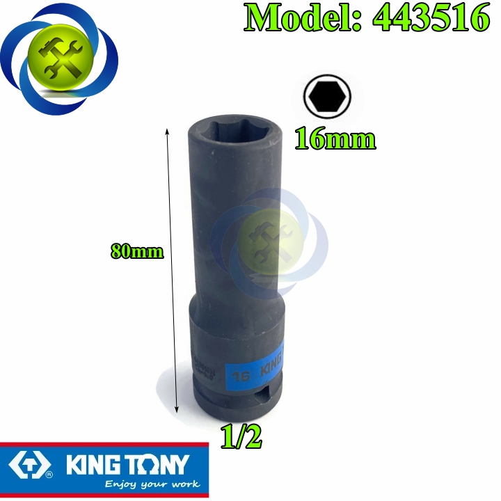 Tuýp đen dài 16mm kingtony 443516 loại 1/2 6 cạnh dài 80mm