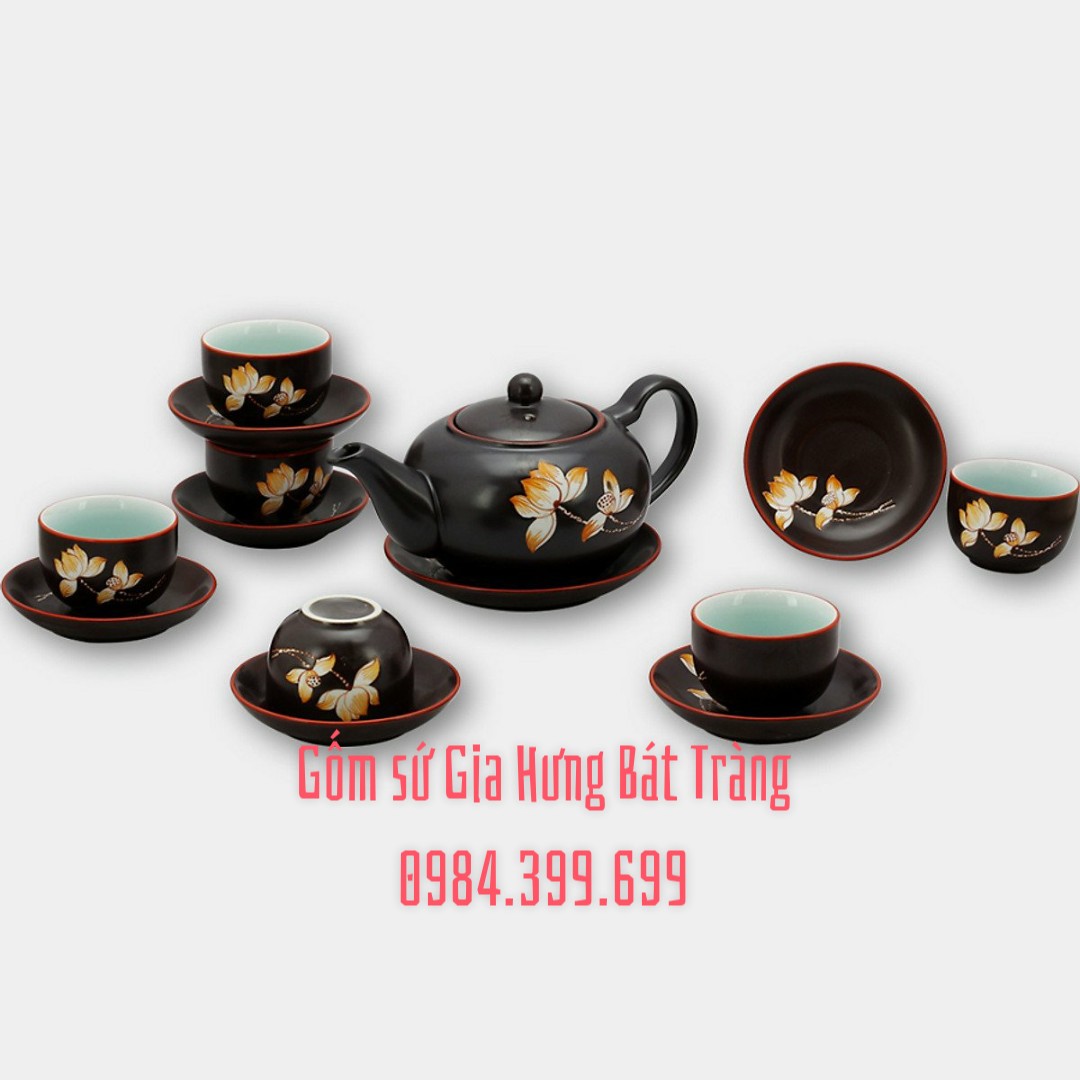 Bộ ấm chén tử sa tròn khắc hoa Sen gốm sứ Gia Hưng Bát Tràng (bộ bình uống trà, bình trà)