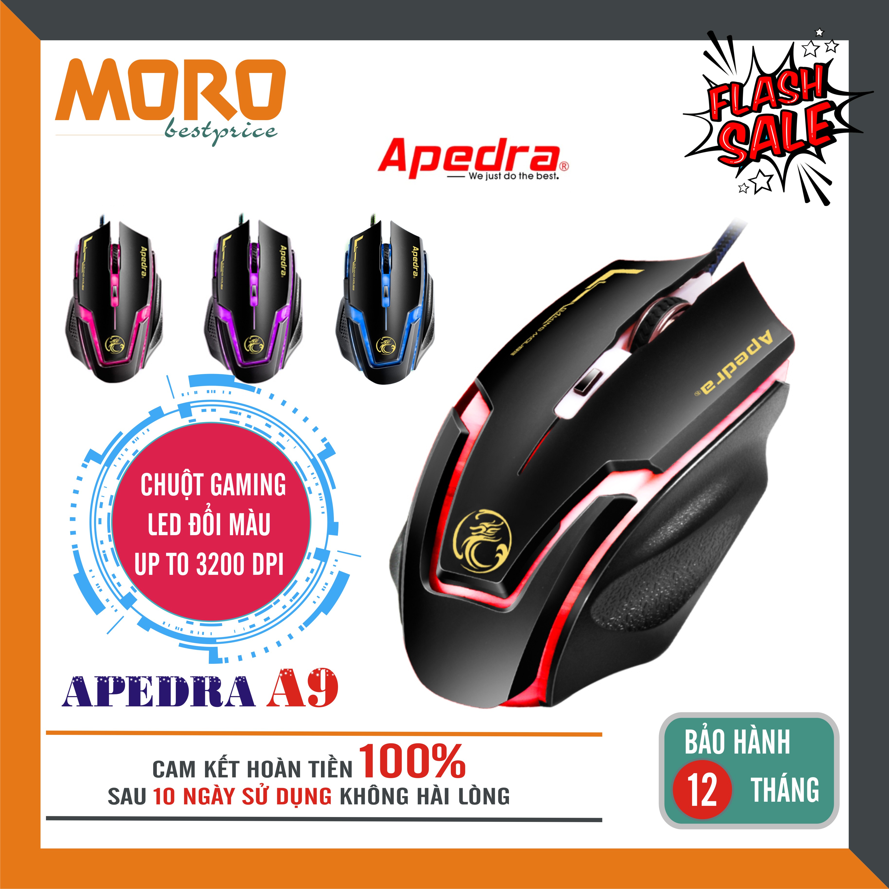 Chuột máy tính có dây chuyên game Apedra A9 – Led đổi màu cực đẹp – độ nhạy lên tới 3200 DPI