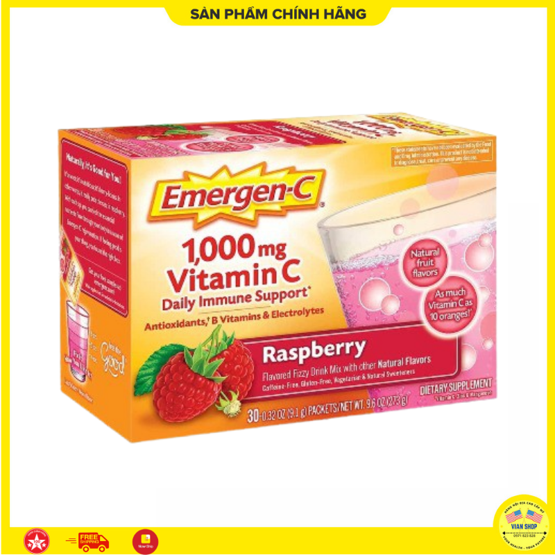 [Vianshop]- Bột sủi vị Rasberry (dâu rừng/ phúc bồn tử) tăng đề kháng, hỗ trợ hệ miễn dịch, bổ sung vitamin B, C, chất chống Oxy hóa Emergen C Vitamin C 1000mg hộp 30 gói