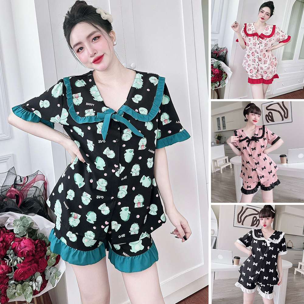 Đồ bộ nữ bigsize đùi cổ viền tiểu thư bigsize 50-100kg lụa nhật mẫu xinh họa tiết dễ thương