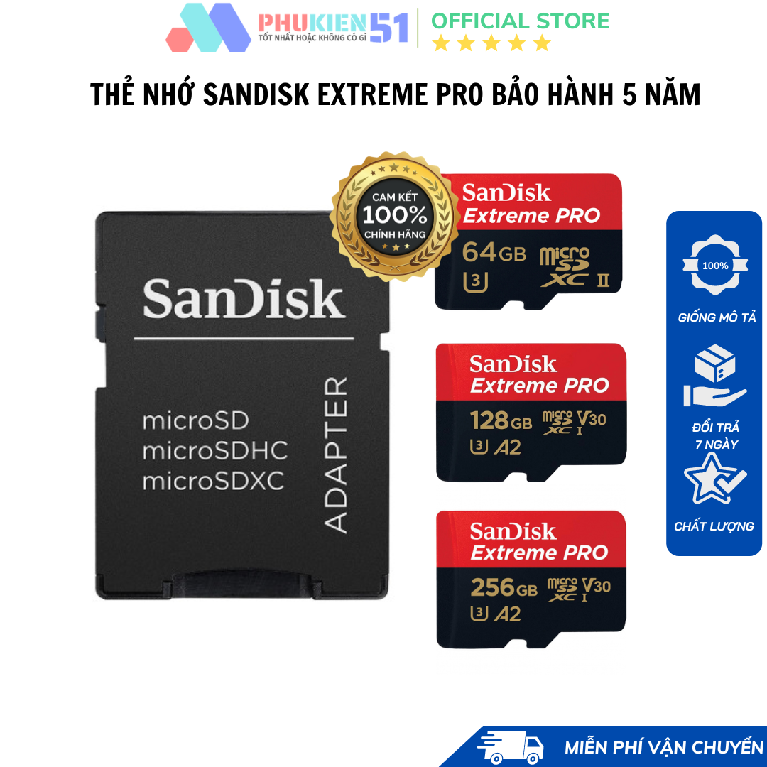 Thẻ nhớ sandisk 64gb/128gb/256gb v30 a2 dùng điện thoại, máy ảnh quay 4k tốc độ cao