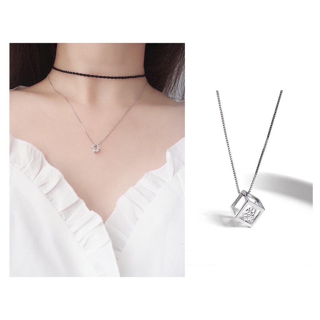(Bạc Chuẩn) Dây chuyền | dây chuyền nữ | vòng cổ bạc | dây chuyền bạc | vòng cổ bạc nữ Mặt Đá Tròn Mặt Lập Phương - Trang Sức Cao Cấp No.93