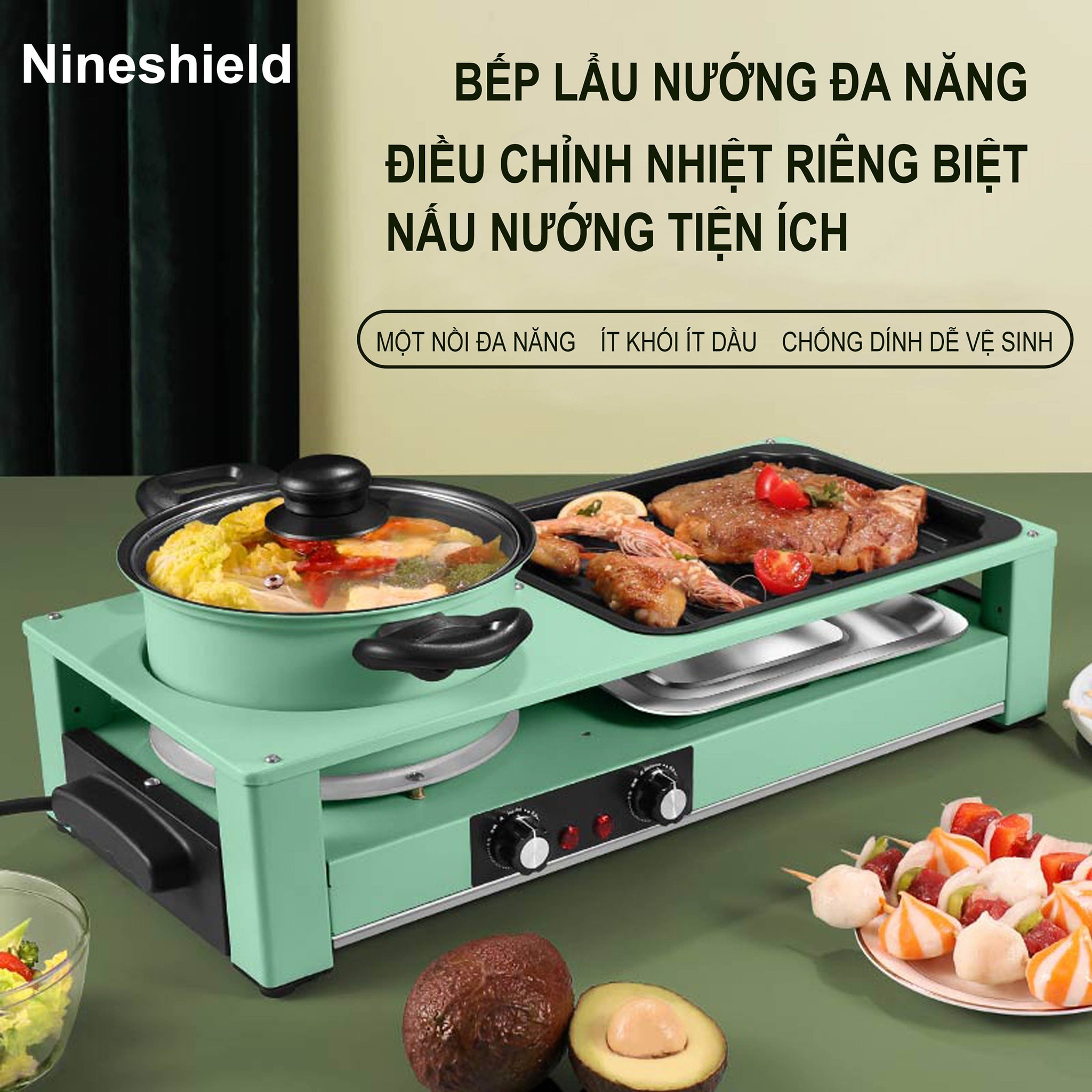Bếp lẩu nướng đa năng Nineshield DKS-303 công suất lớn 2200W điều chỉnh nhiệt riêng biệt