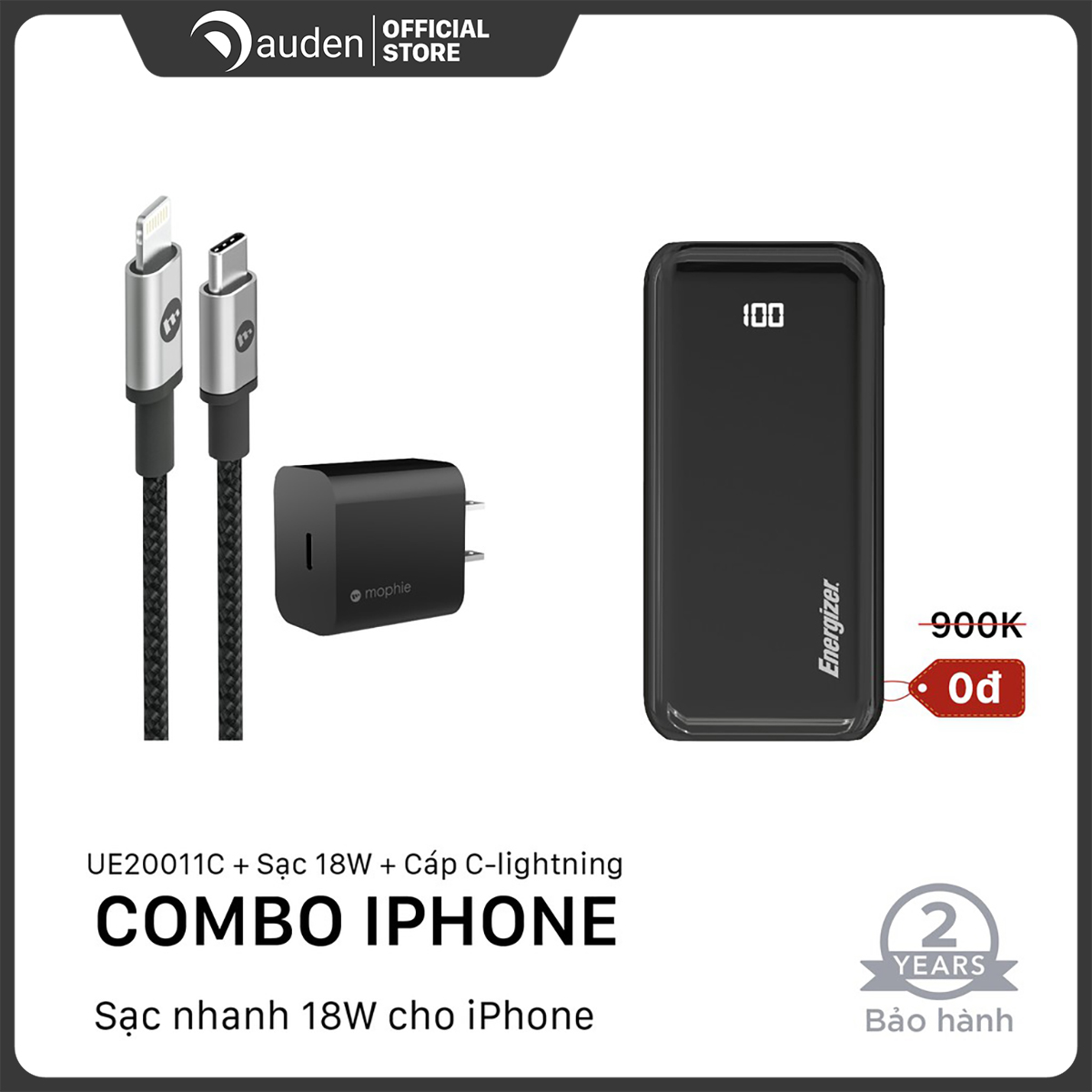 Combo Sạc dự phòng Energizer 20,000mAh UE20011C - Sạc Mophie 20W kèm Cáp Mophie C to Lightning 1M - Dâu Đen Store