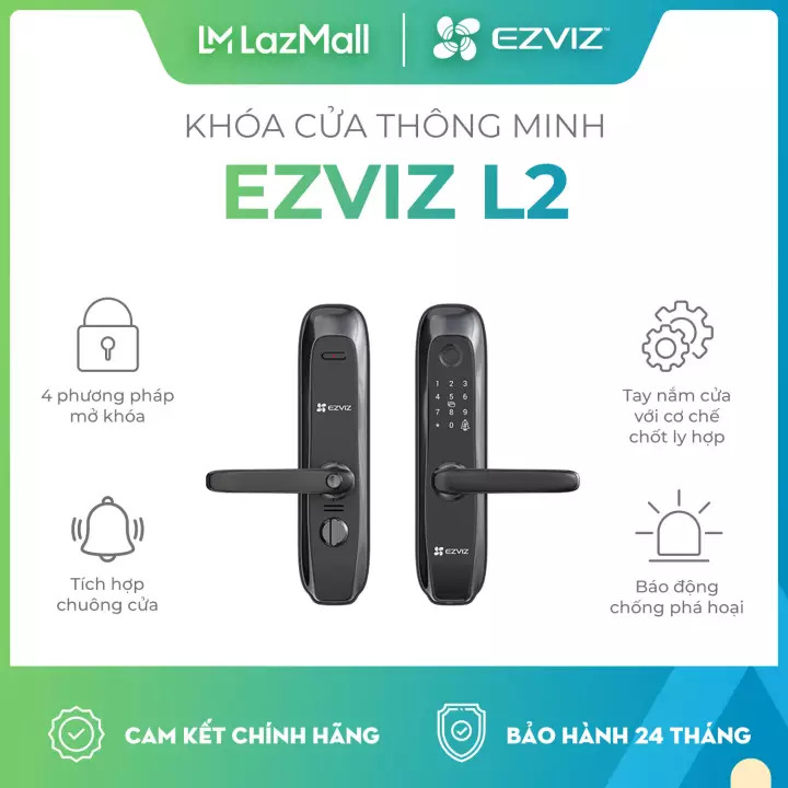 Khóa cửa thông minh Ezviz L2, khóa vân tay, mật mã, thẻ từ Ezviz L2, Khóa tích hợp chuông cửa, tự động khóa và báo động phá hoại - Bảo hành 24 tháng