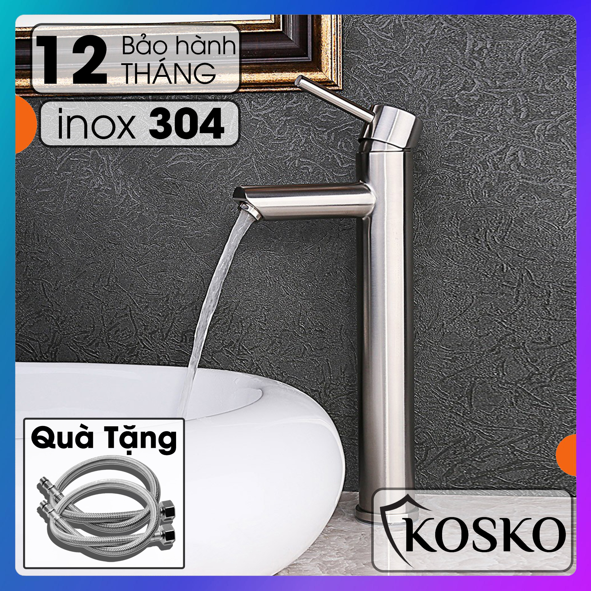 Vòi lavabo, vòi chậu rửa mặt nóng lạnh inox SUS 304 tròn cao 30cm (Hàng chuẩn loại 1) (Tặng dây cấp) phù hợp với mọi loại chậu rửa mặt 1 lỗ
