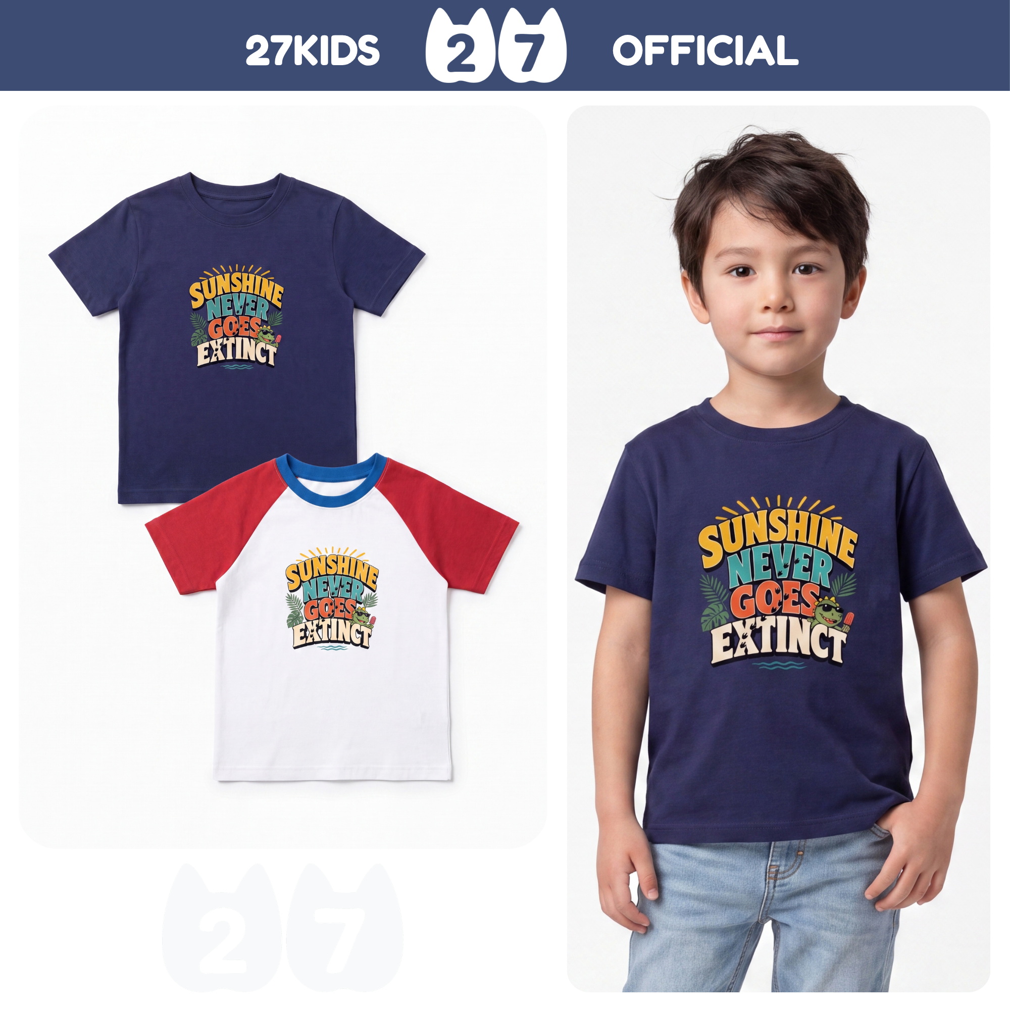 Áo thun cổ tròn trẻ em 27KIDS cotton dáng raglan phom basic hình khủng long USTS15