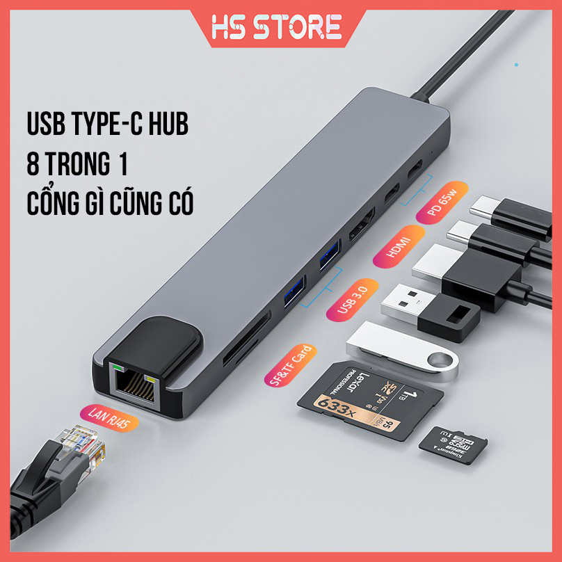 Hub type c 8in1 - cổng chuyển đổi hub usb type-c to hdmi, usb 3.0, sd, tf, rj45, pd type-c cho laptop macbook