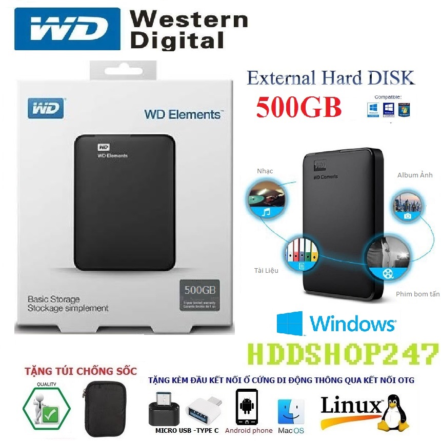 HCM Ổ CỨNG DI ĐỘNG 500GB WD ELEMENT/WD MY PASSPORT (ĐEN)-BH 24 THÁNG