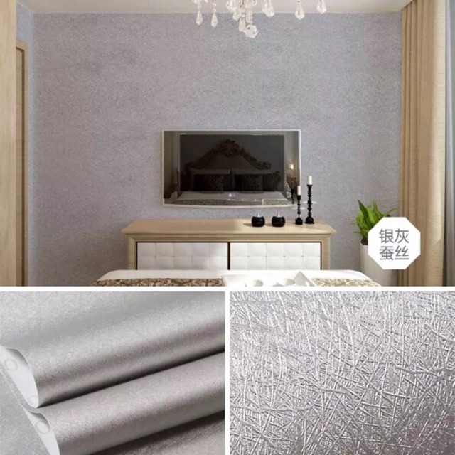 10m giấy dán tường vân sợi nổi màu bạc khổ 60cm keo sẵn