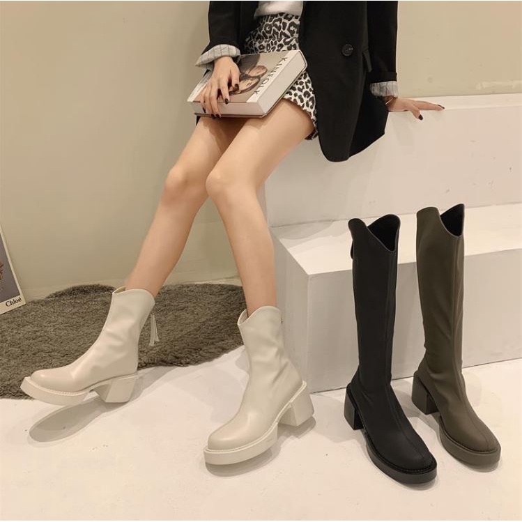 Bôt đùi cao cổ WOMENSTORY giày boots nữ da PU mềm khóa sau boot mũi tròn