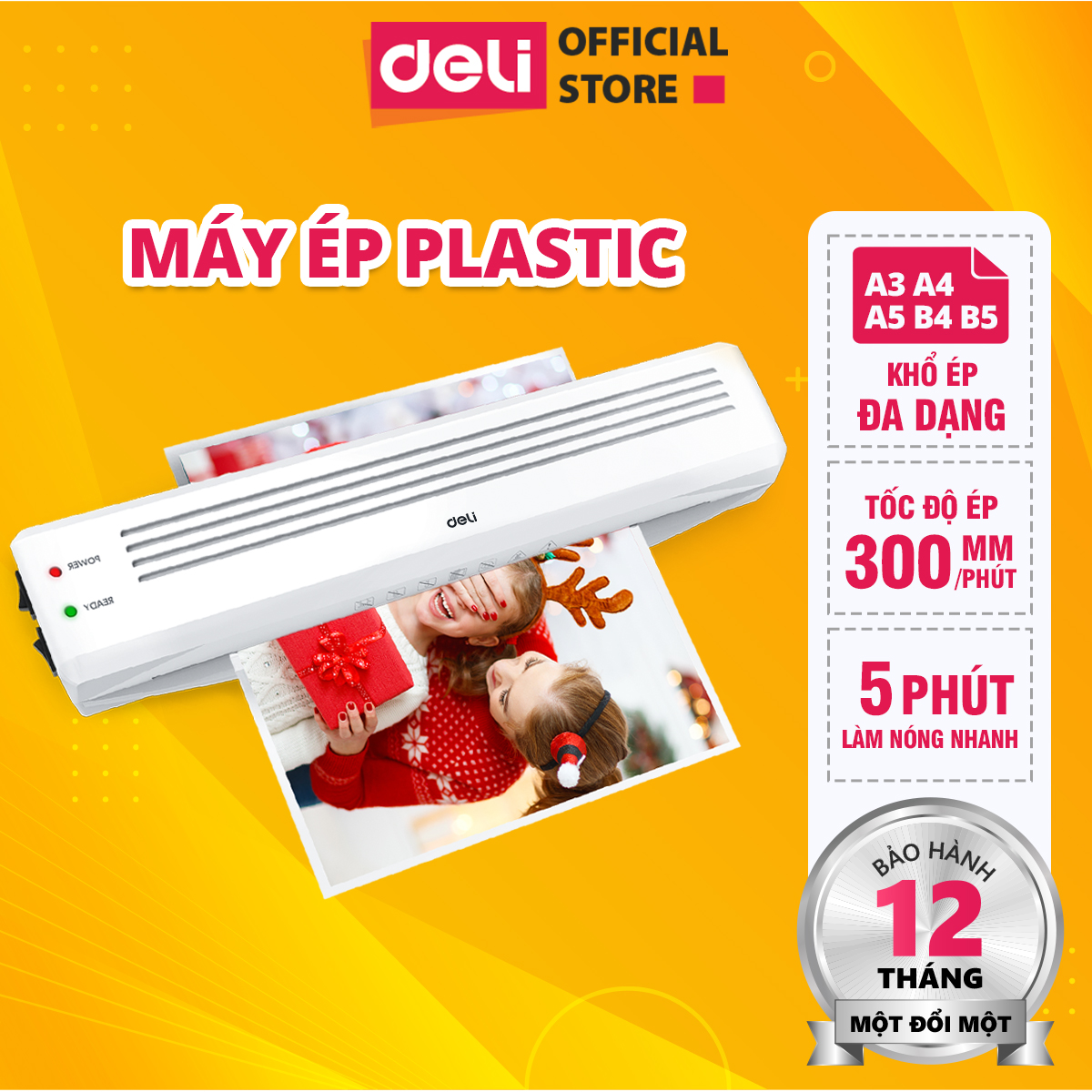 Máy ép plastic deli, máy ép màng nhựa khổ a3 a4 a5 b4 b5 chuyên sử dụng để ép bảo vệ tài liệu giấy tờ cho văn phòng làm việc, ép ảnh, poster, lưu giữ chống lại các tác động từ môi trờng