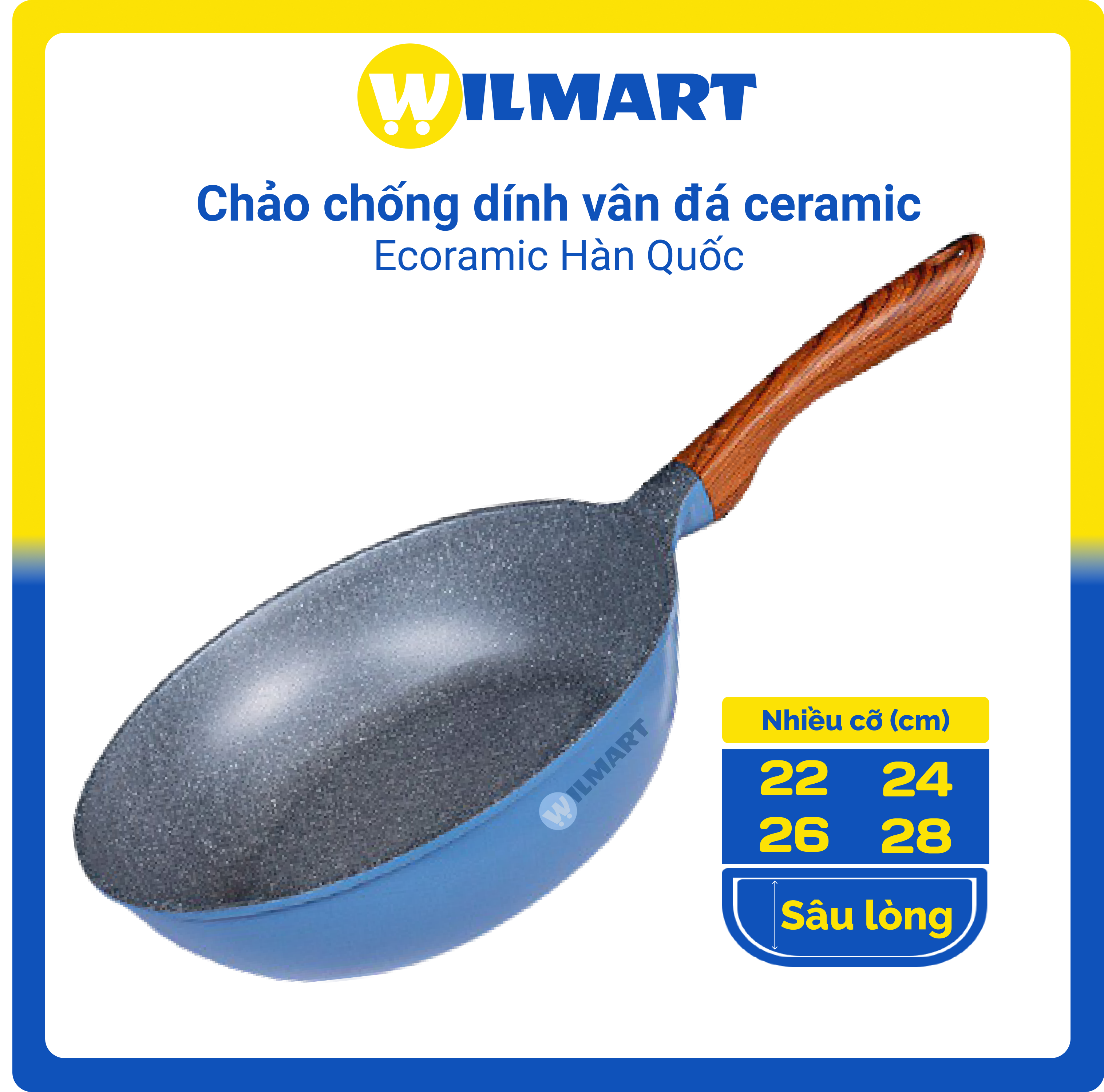 Chảo đúc chống dính vân đá ceramic sâu lòng Ecoramic Hàn Quốc 22, 24, 26, 28 cm - Xanh dương pastel