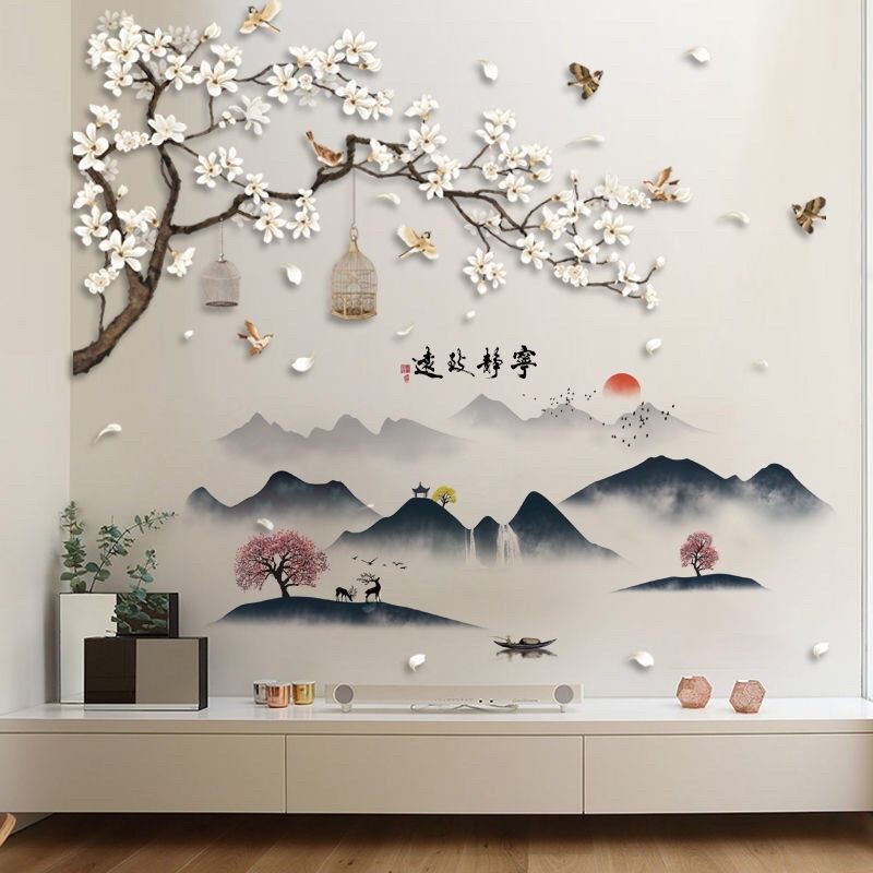 Decal dán tường cành mai và núi 02