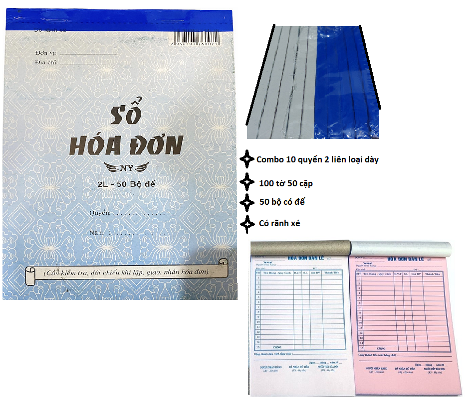 [HCM]Combo 10 quyển Sổ hóa đơn 2 liên loại dày 100 tờ( 50 Bộ đế) 20*13cm