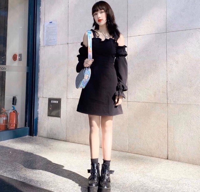Váy đầm trể vai tay nhún cột nơ vai có mút ngực chất umi quá đẹp