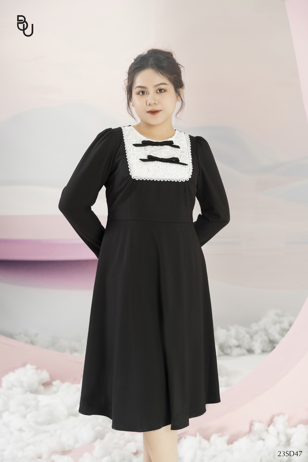 Đầm phối ngực trắng đính nơ ren dáng dài bigsize - 23sd47 -