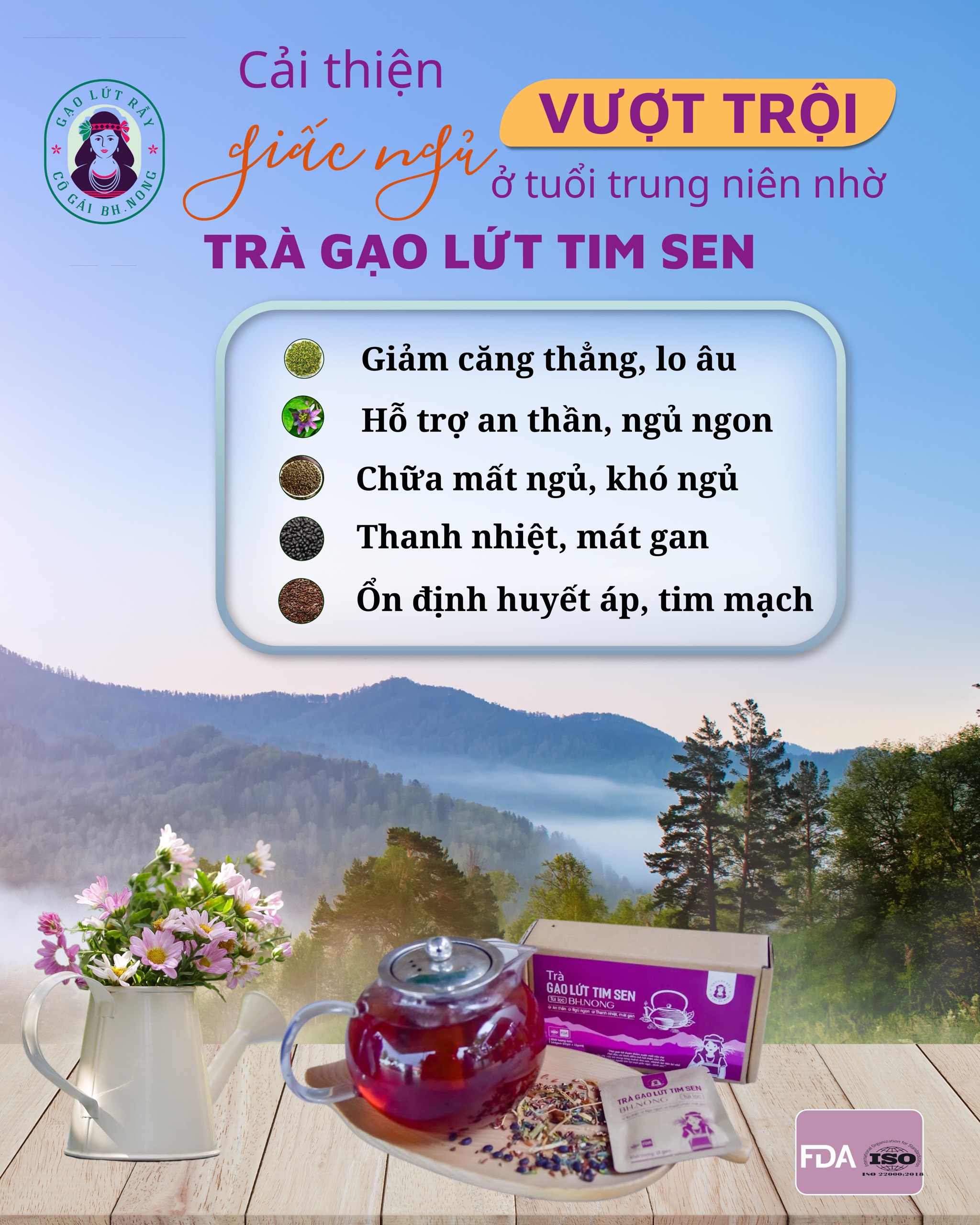 Trà gạo lứt tim sen túi lọc Bhnong 144g - trà tim sen, an thần, ngủ ngon, mát gan, bổ thận, giảm huyết áp