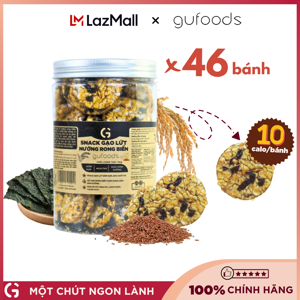 Snack gạo lứt nướng rong biển GUfoods - Giòn rụm, Healthy, Giàu dinh dưỡng, Thuần chay, Eat Clean, Ăn vặt lành mạnh