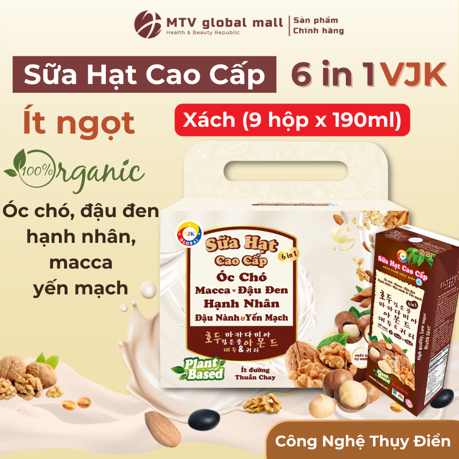 Sữa Hạt Macca Óc Chó Hạnh Nhân Đậu Đen Yến Mạch VJK Ít Đường Xách 9 Hộp