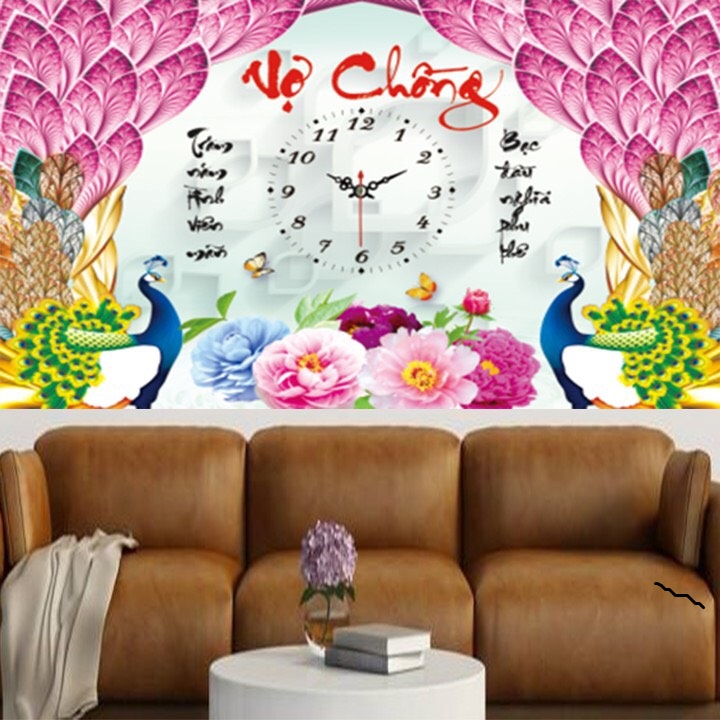Tranh đính đá đồng hồ vợ chồng 62x53cm