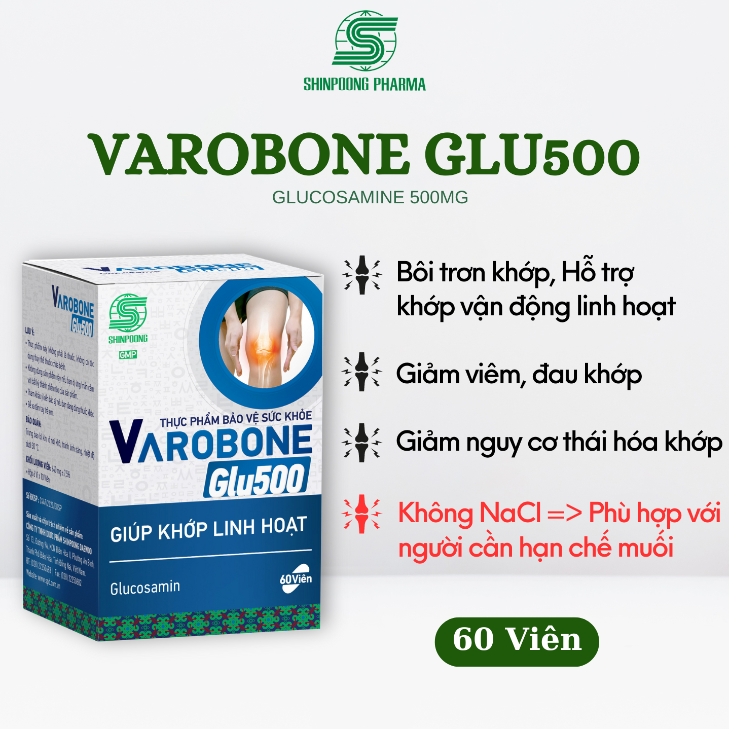 (Hộp 60V) Viên Uống VAROBONE GLU500 Bổ Sung Glucosamine Hỗ Trợ Bôi Trơn Khớp, Giảm Nguy Cơ Thoái Hóa Khớp - SHINPOONG PHARMA