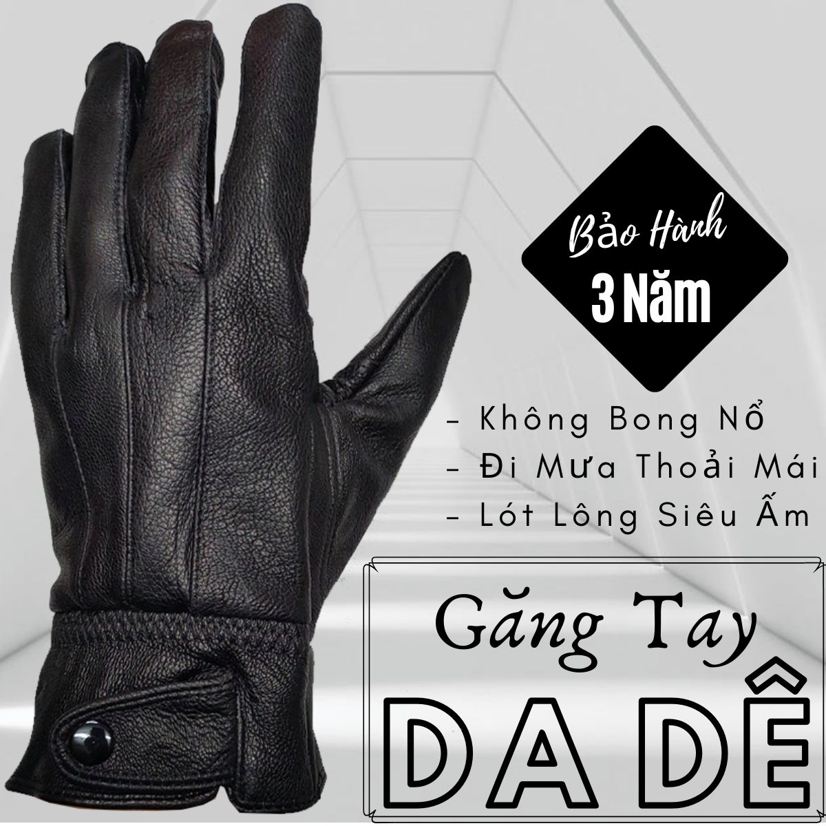 Găng Tay Da Nam Chất Da Dê Cài Một Khuy Màu Đen, Đi Mưa Thoải Mái, Không Bong Nổ, Không Ngấm Nước, Dễ Lái Xe, Bảo Hành Da Thật 3 Năm