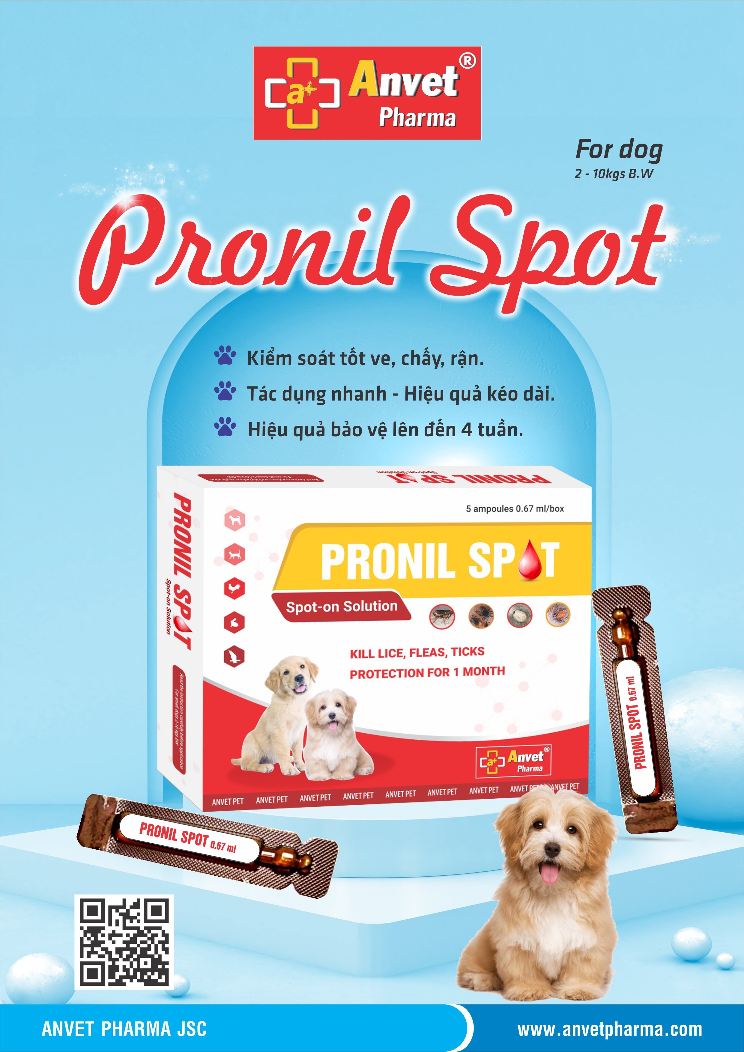 PRONIL SPOT - Thuốc nhỏ sống lưng trị ve, ghẻ, bọ chét trên chó. Ống 0,67 ml, hộp 5 ống