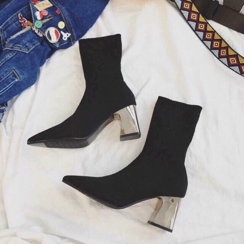Bốt cao gót cổ len đế gương ôm chân siêu sang chảnh Shoes Shop