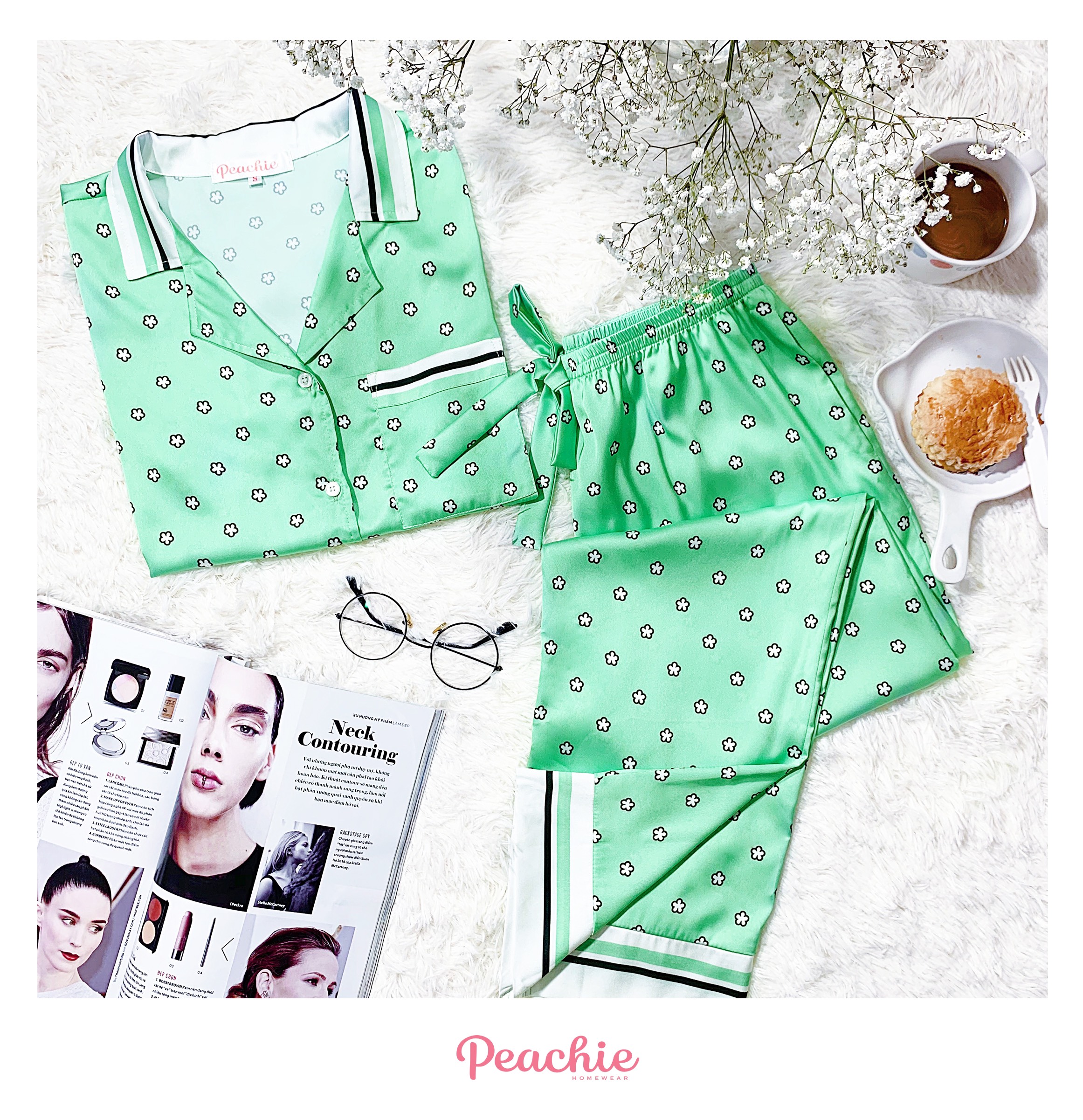 PEACHIE Bộ đồ ngủ pijama nữ tay ngắn quần dài - lụa satin - họa tiết hoa tuyết ND158