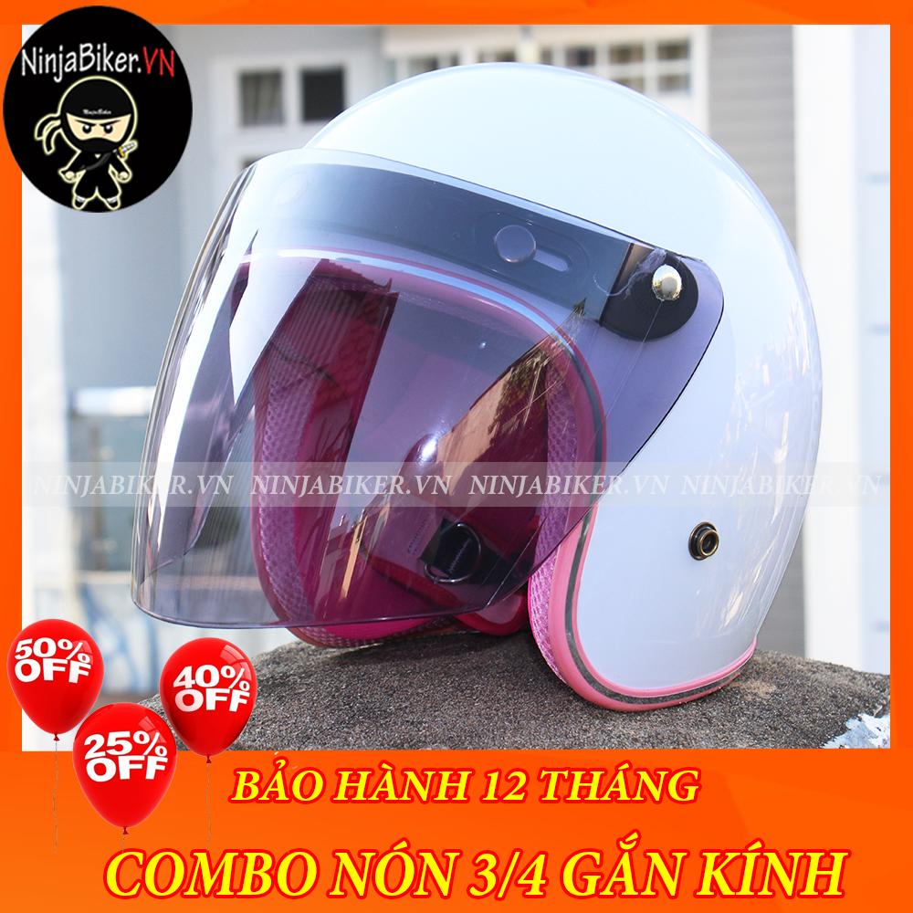 Nón bảo hiểm NTMAX 3/4 gắn kính - TRẮNG VIỀN HỒNG