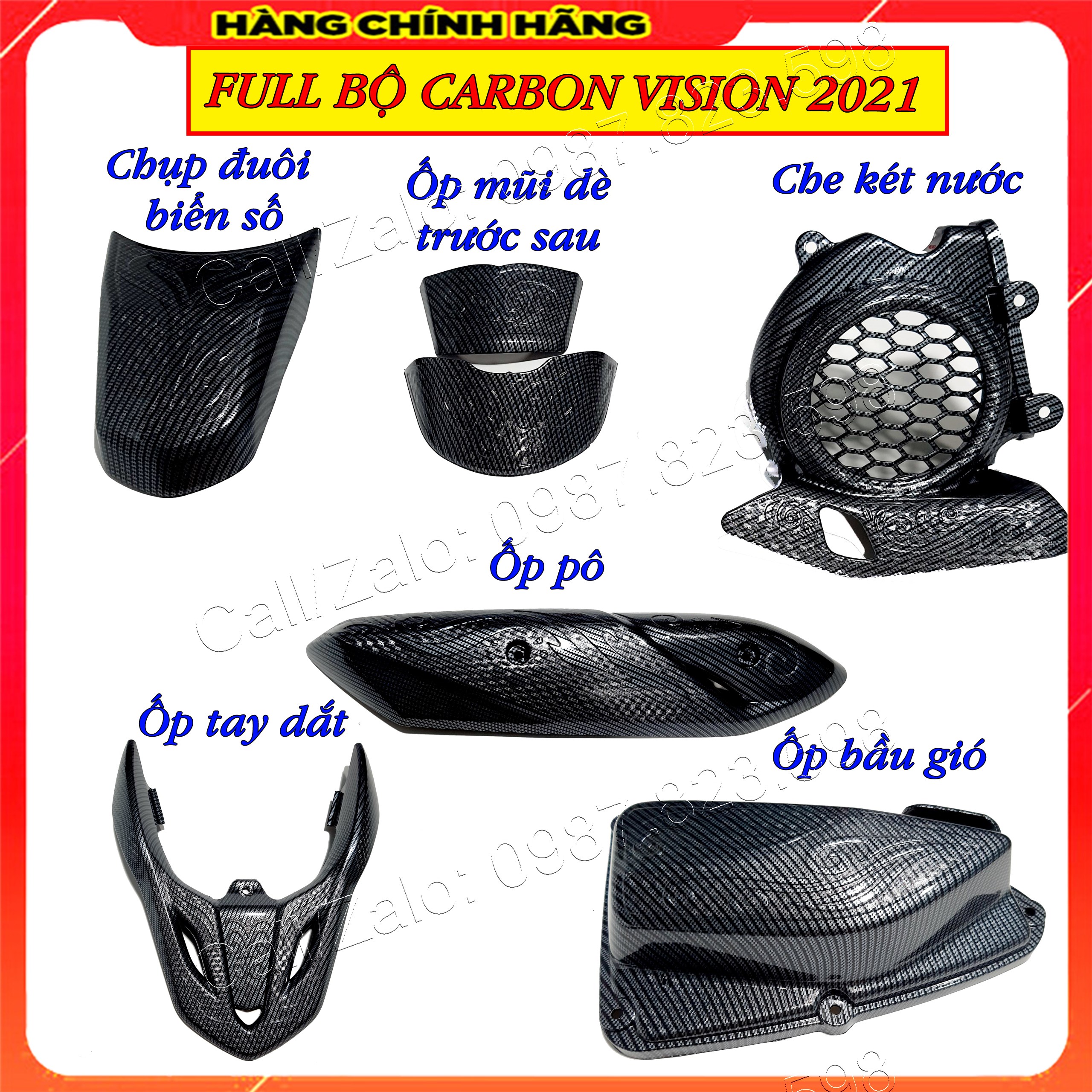 Combo ốp carbon vision 2021-22 artistar , bộ ốp bảo vệ xe vision 2021-22 sơn vân carbon; ốp pô vision 2021-22, bọc mũi dè vision 2021-22, ốp két nước vision 2021-22
