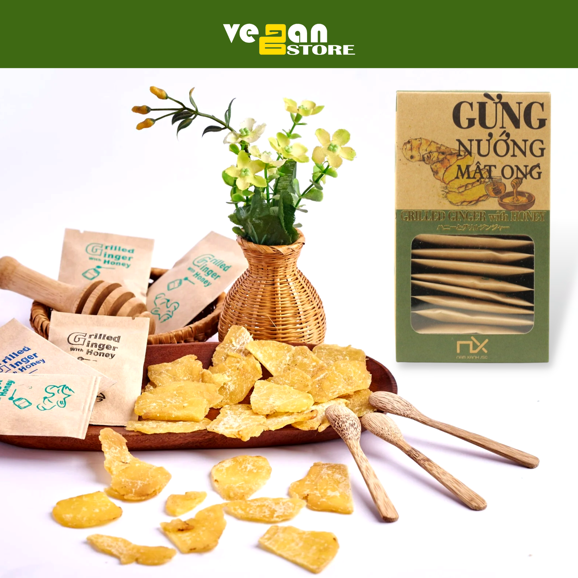 Mứt Gừng Nướng Mật Ong Nam Xanh 80gr/hộp vị cay nhẹ ngọt dịu - Mứt tết, bánh mứt trái cây tết | Healthy Food | Vegan Store