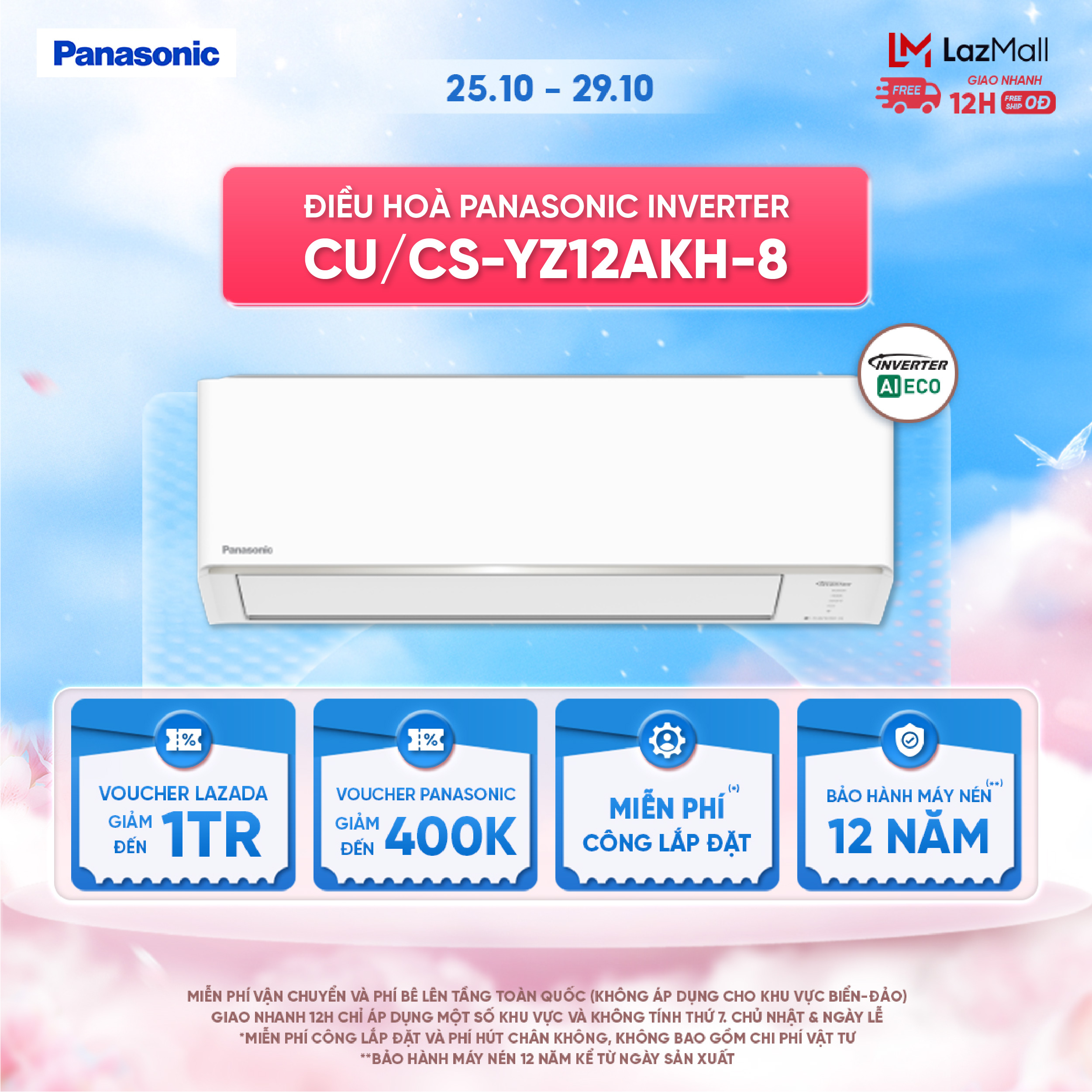 [Độc quyền Online] Điều hòa Panasonic Inverter CU/CS-YZ12AKH-8 - 1.5HP - Hai chiều - Eco AI - Lọc kh